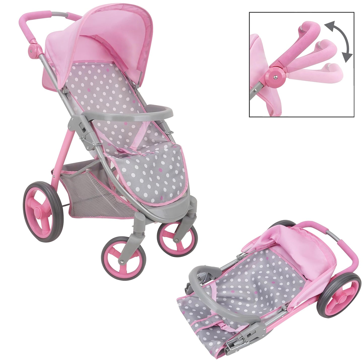 509 Crew: Cotton Candy Pink: Doll Travel System - Pink, Grey, Polka Dot -For Dolls Up To 18', Foldable, Retractable Canopy, Kids Pretend Play, Ages 3+