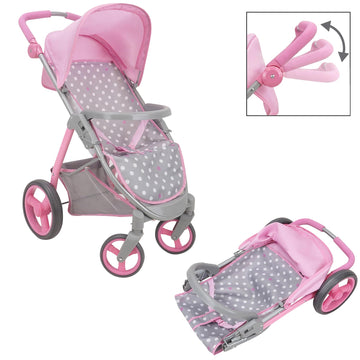509 Crew: Cotton Candy Pink: Doll Travel System - Pink, Grey, Polka Dot -For Dolls Up To 18', Foldable, Retractable Canopy, Kids Pretend Play, Ages 3+