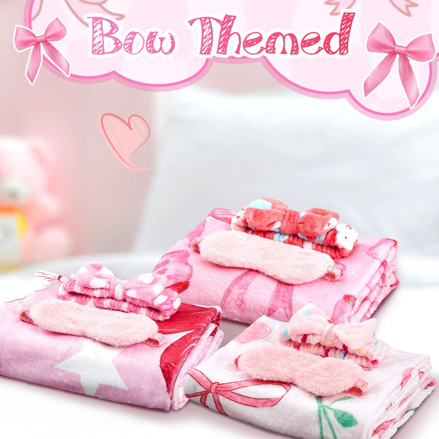 Fanfanwin 18 Pcs Sleepover Party Supplies for Girls, 6 Style Cute Pink Bow Blanket 6 Coral Fleece Spa Headband 6 Plush Pink Eye