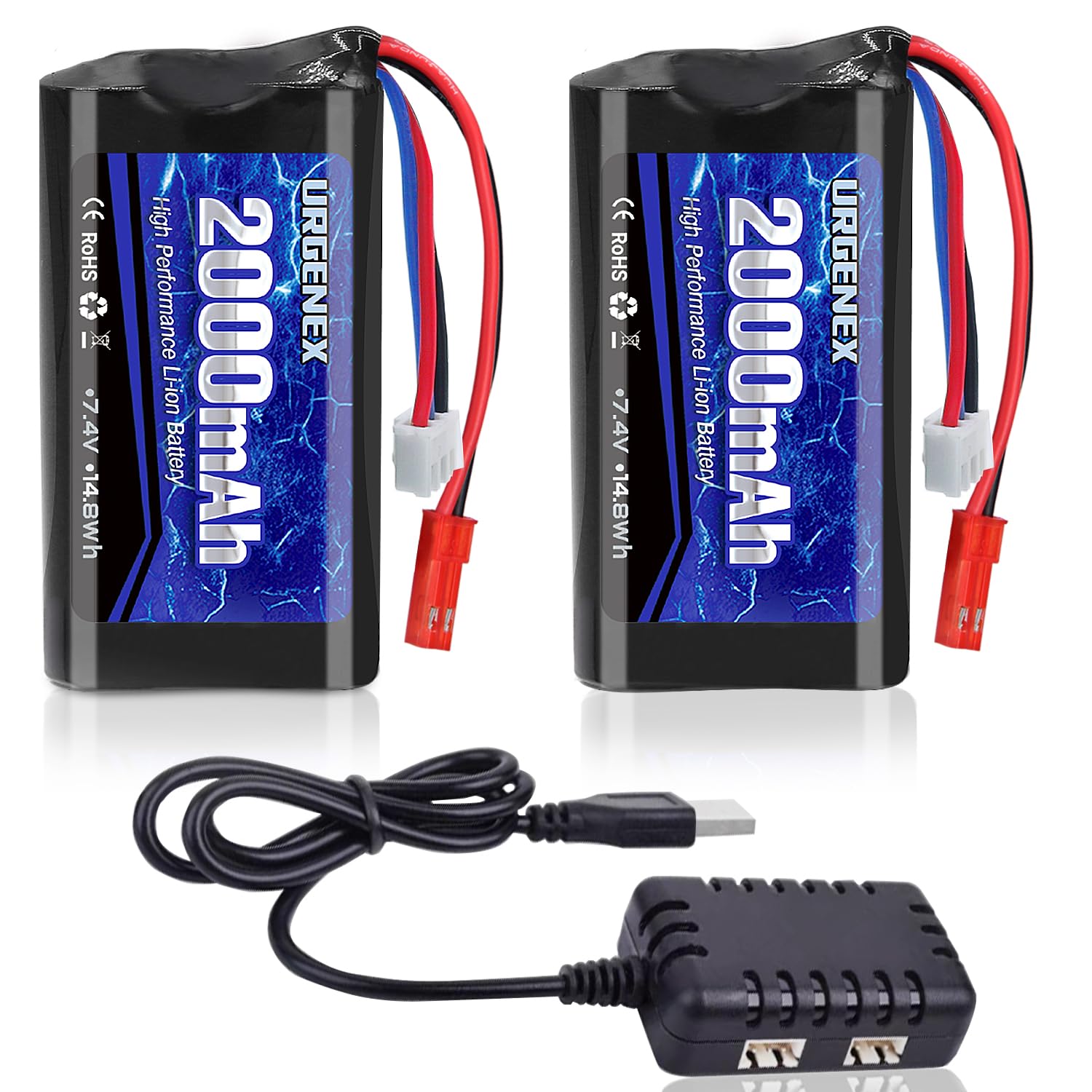 URGENEX 2000mAh 7.4 V Li-ion Battery with JST Plug 2S Rechargeable RC Battery with 1 to 2 USB Charger Fit for RC Helicopter Car 