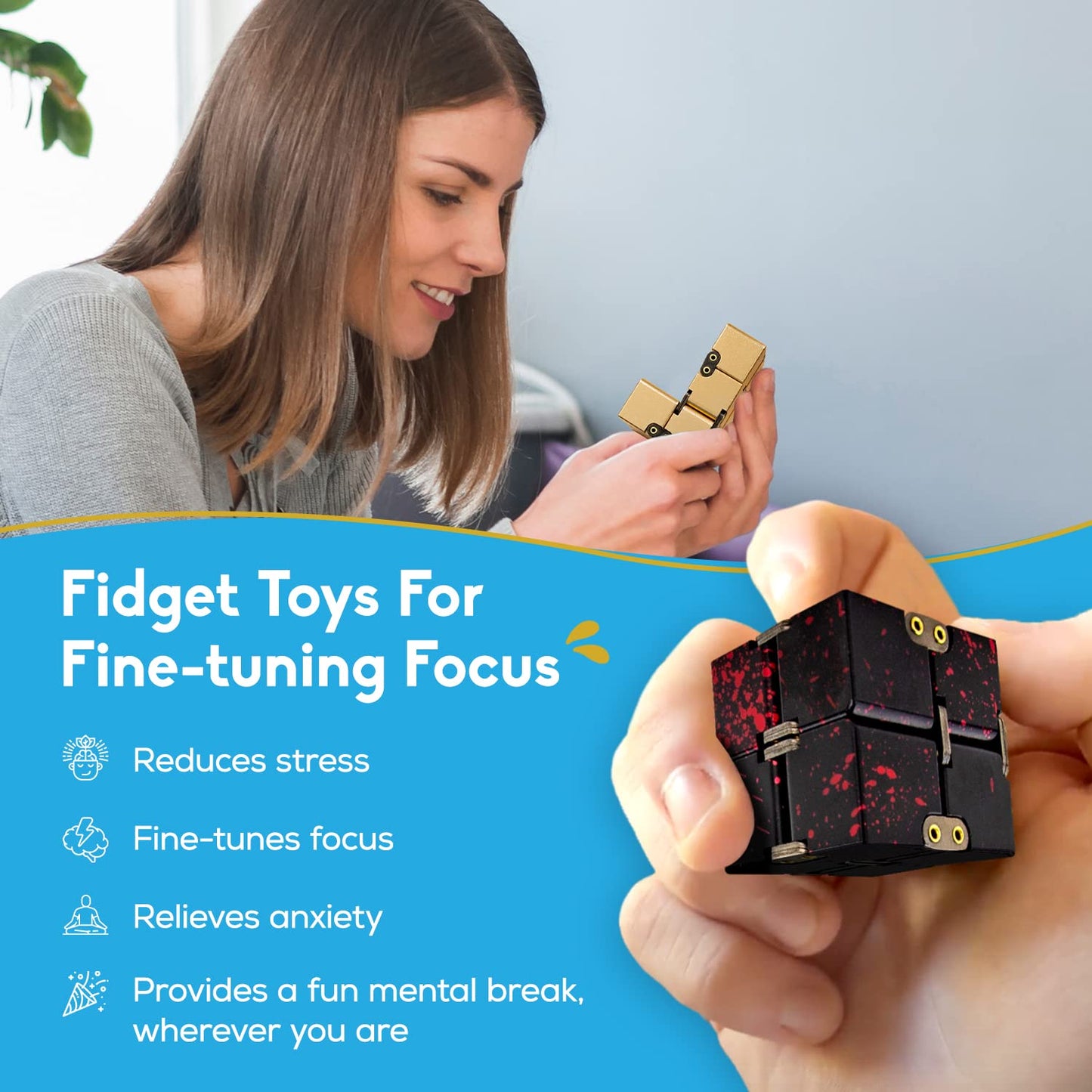 Pilpoc Thefube Infinity Cube Fidget Desk Toy - Aluminum Infinite Magic Cube With Case, Sturdy, Heavy, Relieve Stress And Anxiety, For Add, Adhd, Ocd (Black)