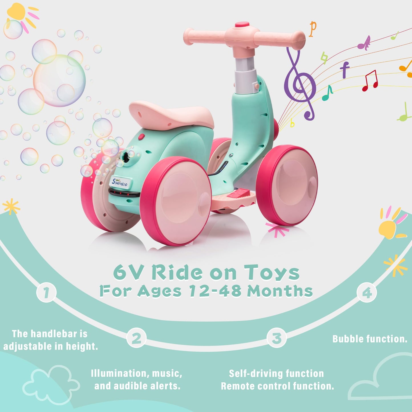 JoyRydz 6V Electric Baby Balance Bike with Bubble Machine, 4-in-1 Ride-on Toy for Kids, Green & Red, Music & LED Lights, Small Size