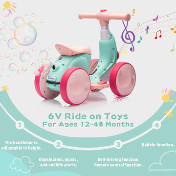 JoyRydz 6V Electric Baby Balance Bike with Bubble Machine, 4-in-1 Ride-on Toy for Kids, Green & Red, Music & LED Lights, Small Size