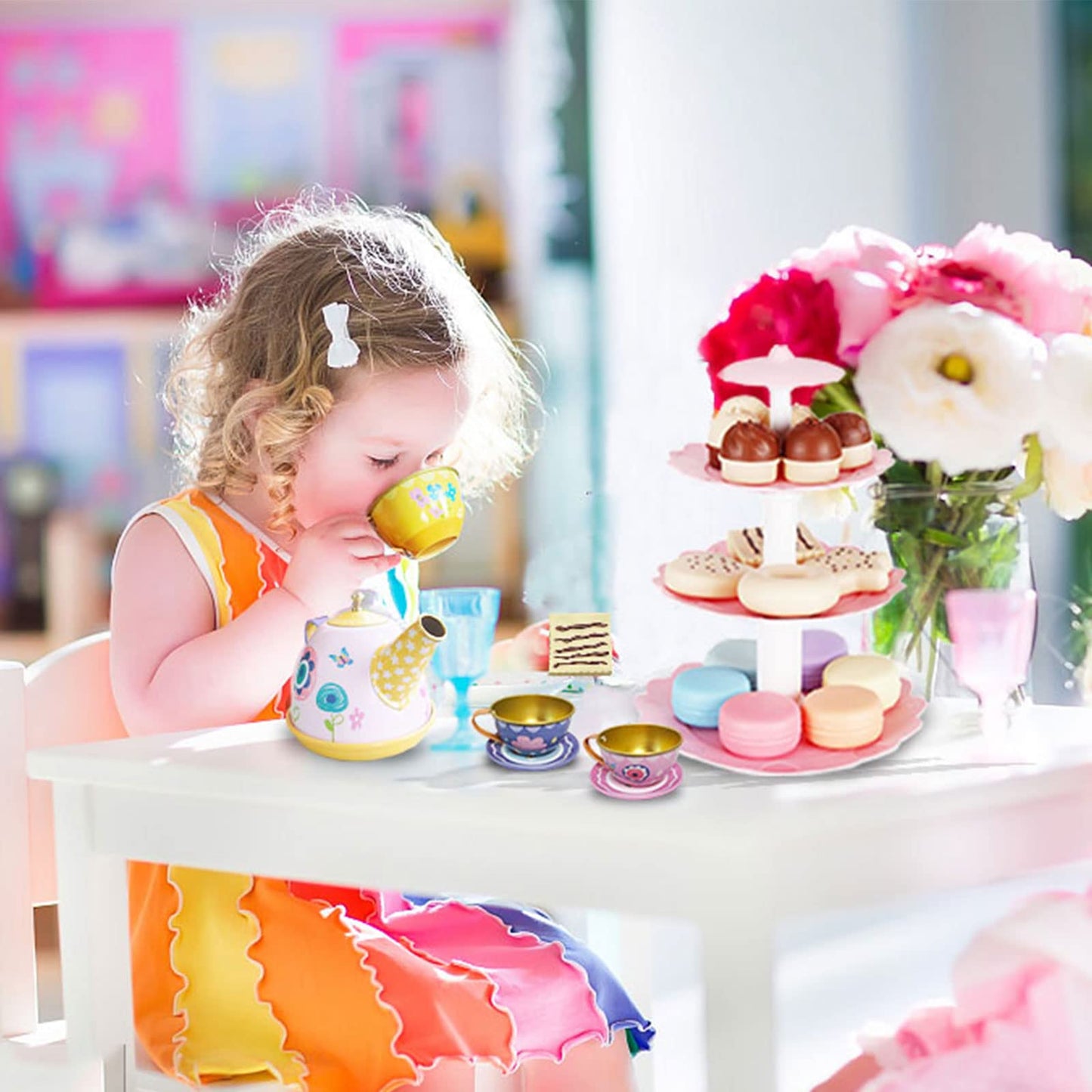 Hummigoo Tea Party Set For Little Girls, Pretend Dessert Food Set For Kids Age 3 4 5 6 7 8 9, Kids Kitchen Pretend Play Dessert