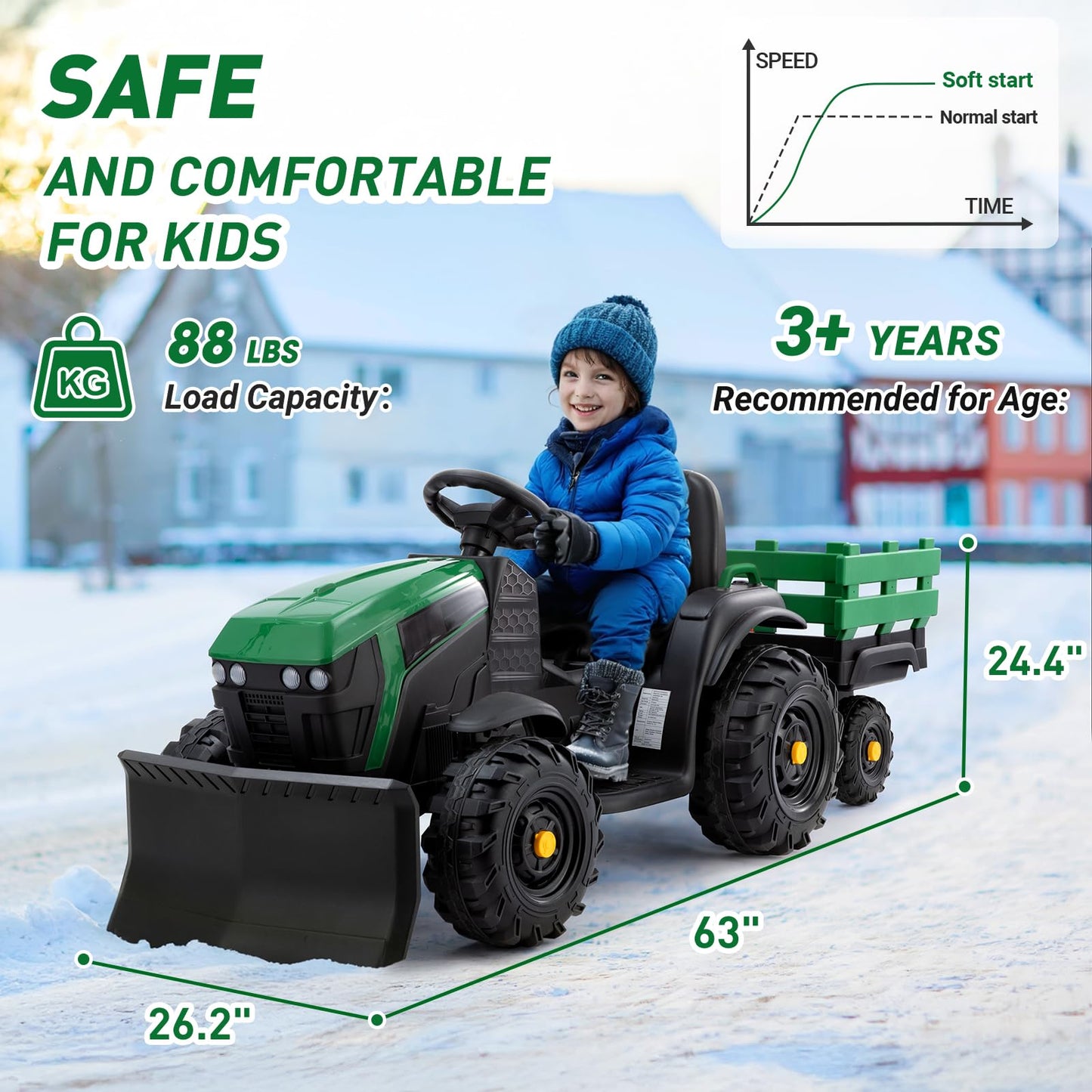 Elemara 24V 3 In 1 Kids Ride On Tractor With Snow Plow, Ride On Toys For Big Kids, 400W Electric Vehicles Car For All Terrain Play, Snow Clearing Tractor Winter For Ages 3+, Max 4.5 Mph, 88Lbs, Green