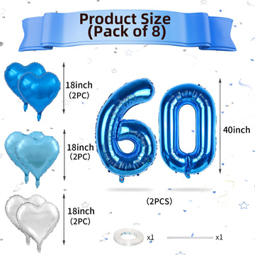 Biapian 40 Inch Blue Number 60 Balloons, 8Pcs Large Foil Number 6 & 0 Balloons With 18'' Blue Silver Heart Shape Balloon For 60T