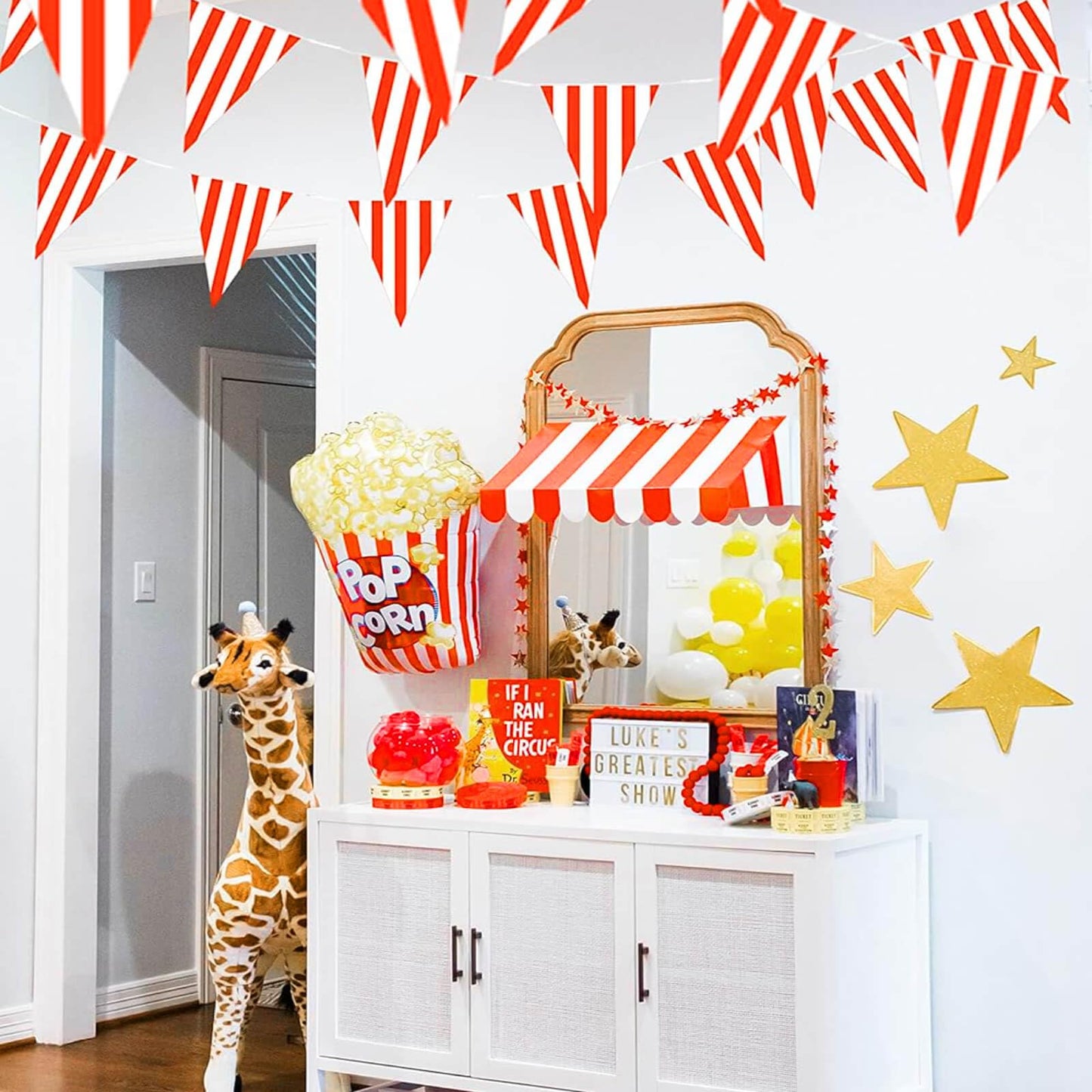 Piokio 100Ft Red And White Striped Pennant Banner, Carnival Circus Theme Party Decorations Supplies, String Triangle Bunting Flags For Birthday Party, Festival Celebration, Events Classroom Decor