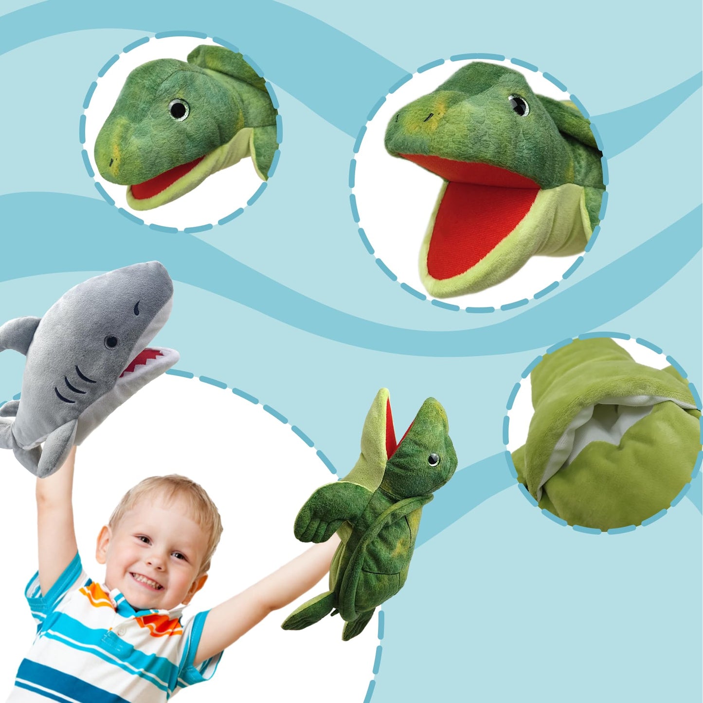 Justqunseen Hand Puppet - Realistic 13'' Sea Turtle Puppet For Kids, Plush Stuffed Animal With Moveable Mouth, Role Play Teachin
