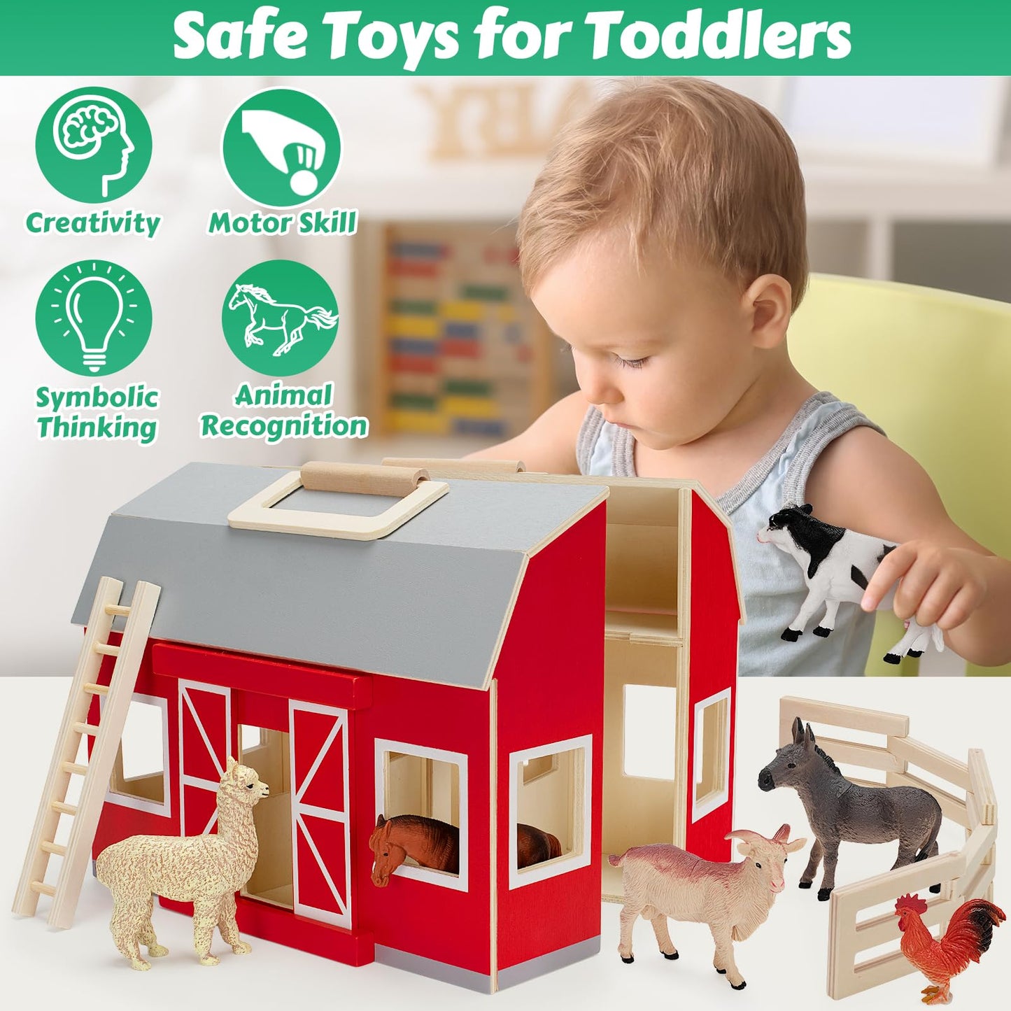 Gmaophy Farm Animals Toys For 3+ Year Old Toddlers Girls Boys, Big Wooden Barn Farm With Figures Animals Toy For Kids, Farm Playset Educational Learning Toys, Ideal Christmas Birthday Gifts