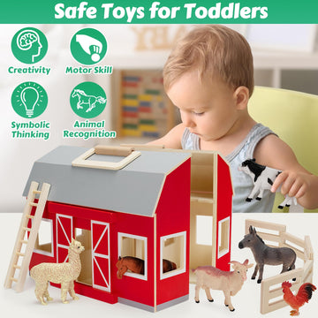 Gmaophy Farm Animals Toys For 3+ Year Old Toddlers Girls Boys, Big Wooden Barn Farm With Figures Animals Toy For Kids, Farm Playset Educational Learning Toys, Ideal Christmas Birthday Gifts