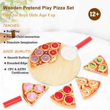 WoodenEdu Cutting Play Food Toy for Kids Kitchen,Wooden Pizza Set Pretend Play Kitchen Accessories,Learning Toy Birthday Gifts f