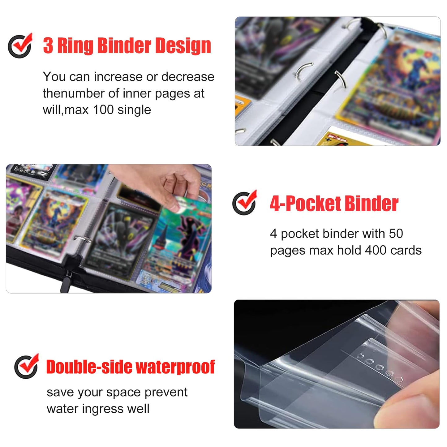 TCG Card Binder for Anime Trading Cards 4 Pocket with 50 Sleeves up to 400 Cards Waterproof Card Storage Bag with Sleeves for TCG Anime Game Cards