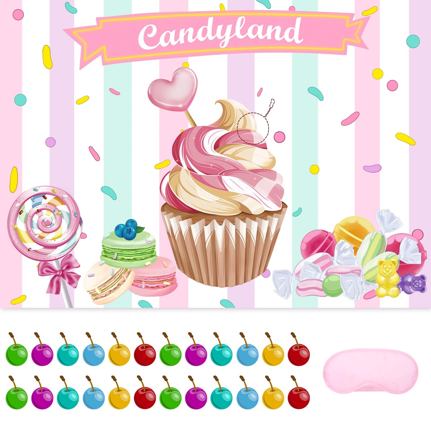 JOARHONAL Pin the Cherry on the Cupcake - Candyland Party Games for Kids Girls 20 x 28 Candy Land Game Poster with 24 Reusable S