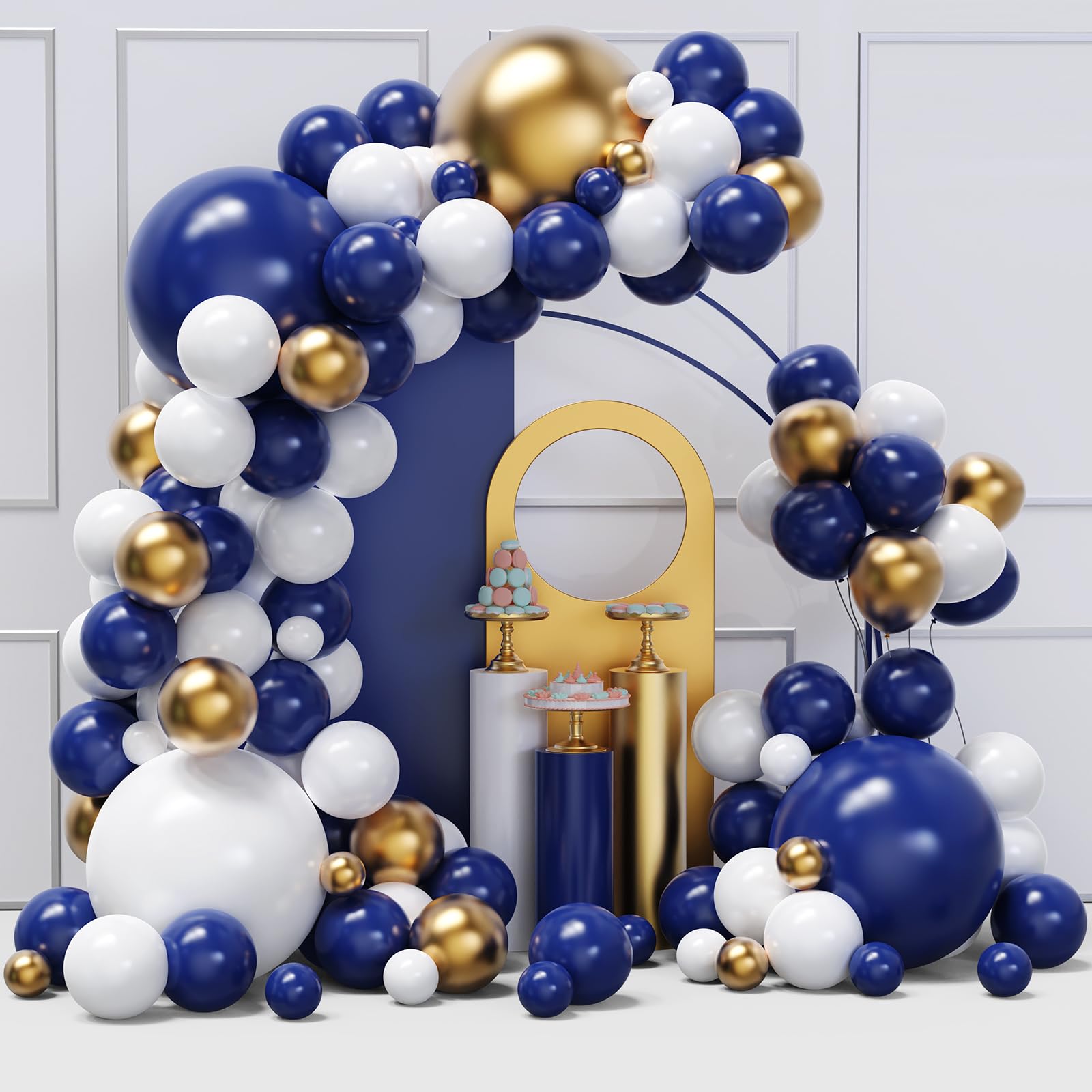 Blue And Gold Balloons Arch Garland Kit, 134Pcs Navy Blue Gold White Balloons With Different Size For Graduation, Birthday, Anni