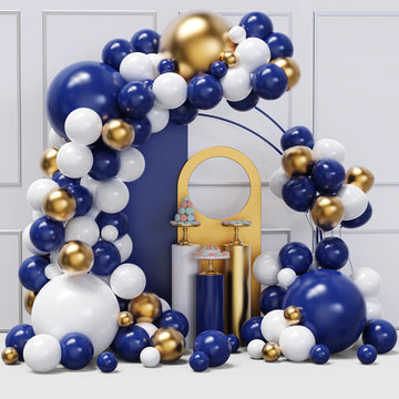Blue And Gold Balloons Arch Garland Kit, 134Pcs Navy Blue Gold White Balloons With Different Size For Graduation, Birthday, Anni