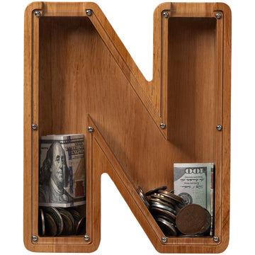 Piggy Bank For Kids Boys Girls, Wooden Large Letter Piggy Bank Alphabet Money Bank With Initial N, Coin Bank Fun Gifts For Birthday, Christmas, Festival, Baby Shower