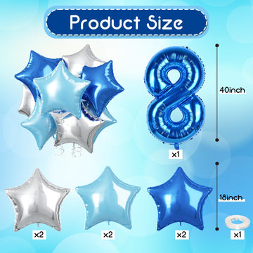 Big Foil 8 Balloon, 40 Inch Dark Teal Blue Self Inflating Number 8 Balloons For Kids 8Th Birthday, Silver Light Royal Blue Globo