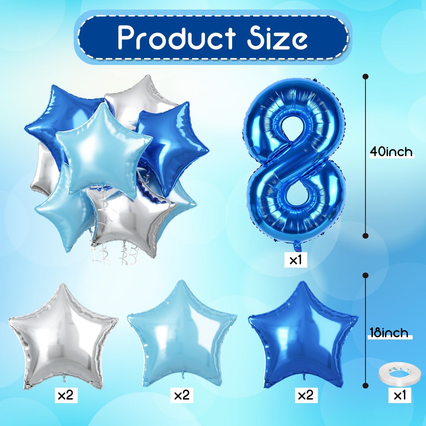 40 Inch Number 18 Balloons For Men, Dark Metallic Blue Large 18Th Birthday Balloon Decor, Silver Light Royal Sky Teal Blue Self