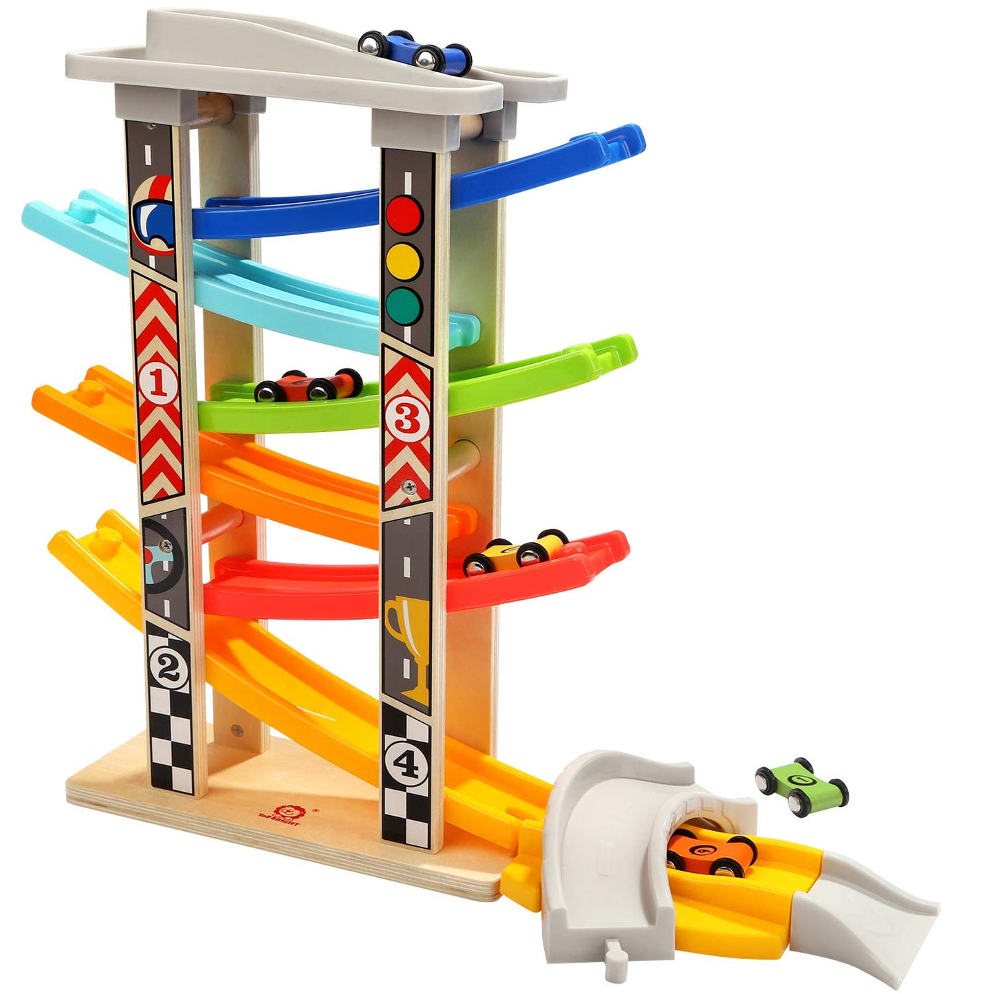 TOP BRIGHT Wooden Car Ramp for Toddlers, 6 Mini Cars Included, Colorful, Age 1-2, Model 334