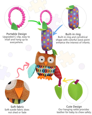 Bloobloomax Baby Soft Hanging Rattle, Car Seat Stroller Toys With Plush Animal C-Clip Ring For Infant Babies Boys And Girls 3 6 9 To 12 Months (12Pcs-A)