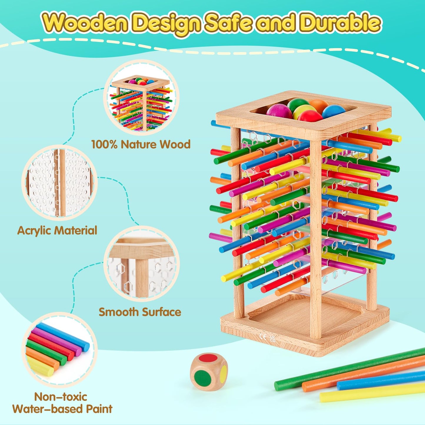 Montessori Game Wooden Board Game, 48 Colorful Sticks Dice Game For 3 4 5 6 Year Old, Kerplunk Game For Kids Math Educational To