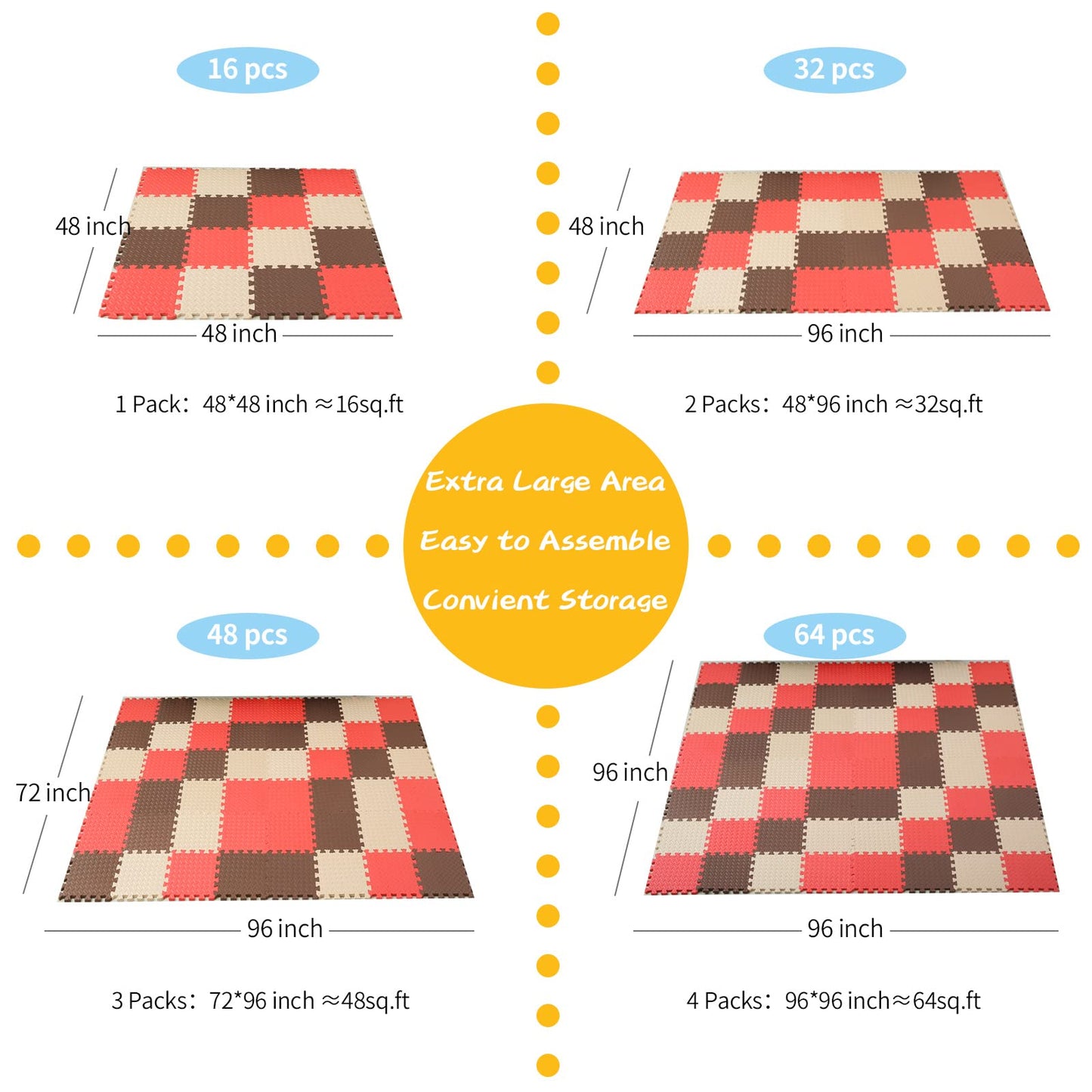 Tamiplay 16 Tiles Foam Play Mat, 0.4 Inch Thicked Interlocking Floor Mats With Solid Colors, Squares Baby Play Mat, Eva Foam Puzzle Floor Mat Foam Mats For Toddlers(Red/Coffee/Beige)