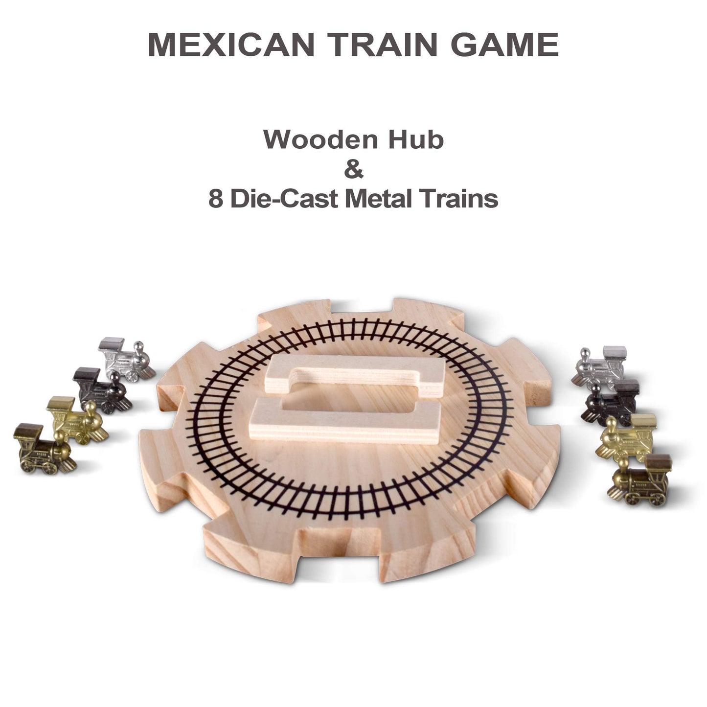 Rnk Gaming Wooden Mexican Train Hub With 8 Metal Trains And Score Pad
