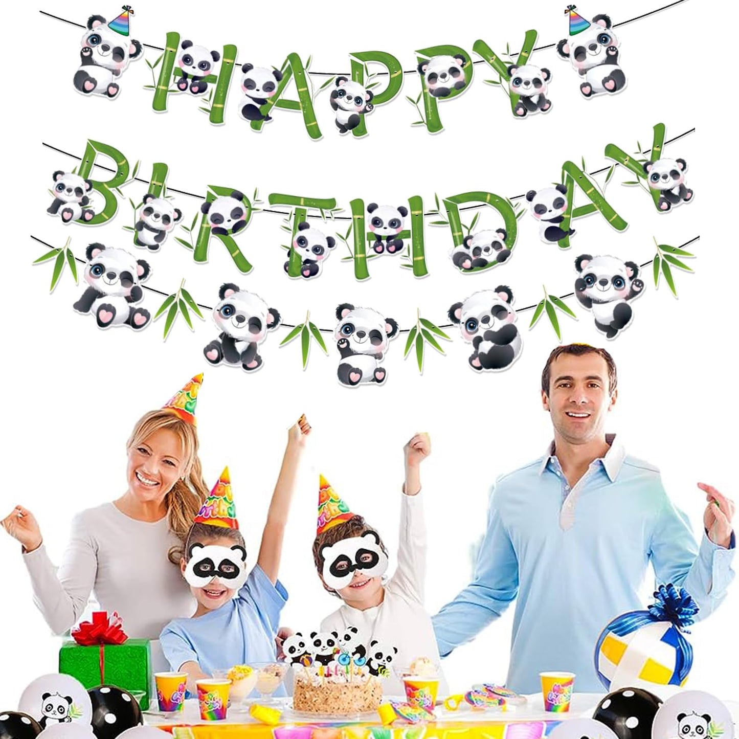 Zwiebeco Birthday Party Decoration Supplies Green Black White Happy Birthday Sign Banner Bamboo Leaves Pandas Banner Hanging Pap
