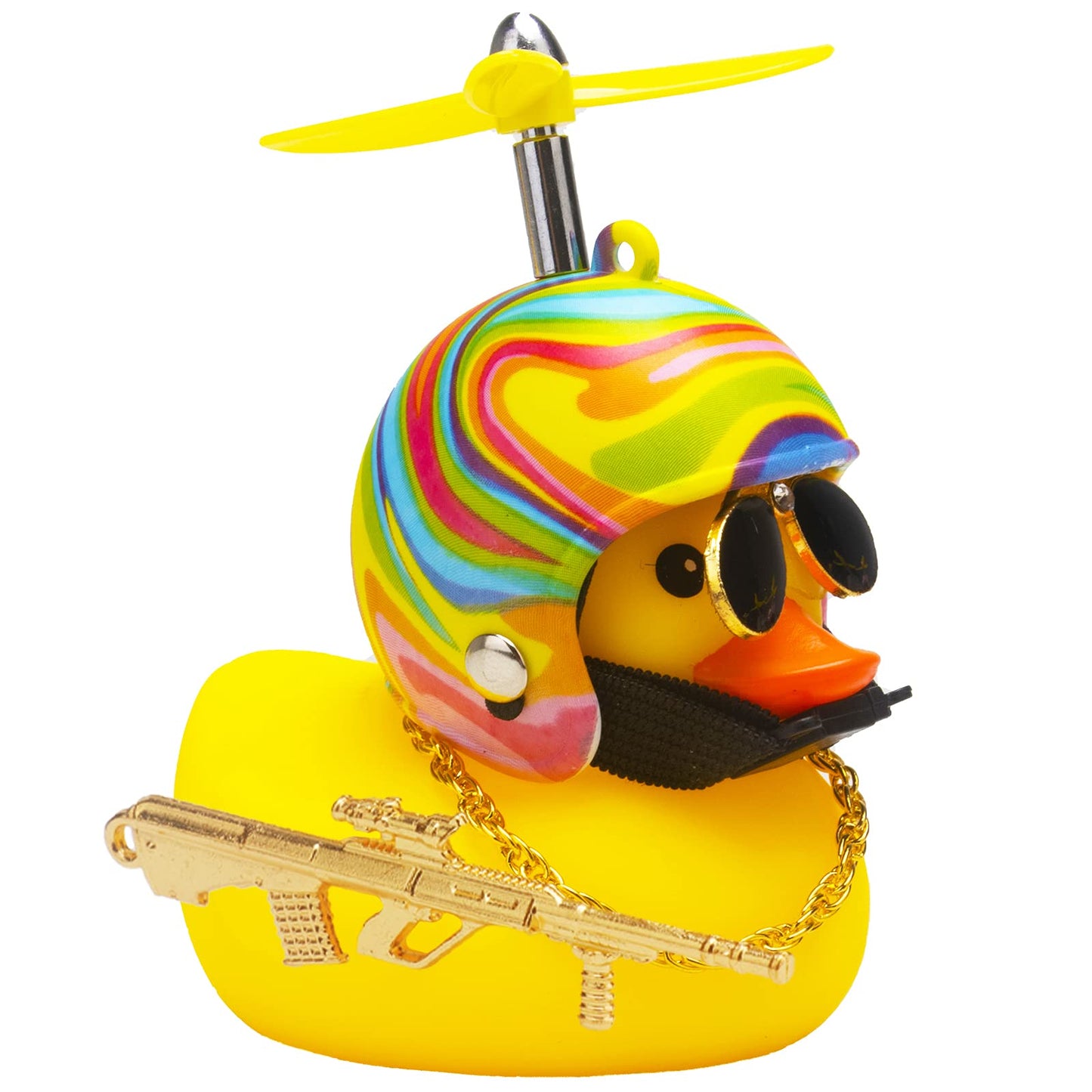 wonuu Rubber Duck Car Ornaments Cool Yellow Duck Car Dashboard Decorations Squeaky Glasses Duck with Propeller Helmet for Car ccessories Dashboard (Rainbow-Yellow G)