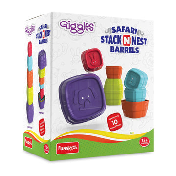 Funskool Giggles - Safari Stack N Nest Barrels, Multi-Colour Stacking Barrels With Animal Faces, Helps To Sort, Stack And Nest, 