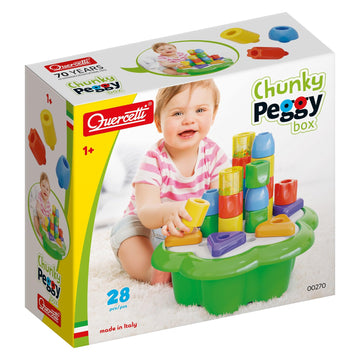 Aso Quercetti Chunky Peggy Stacking Toy - 28-Pieces Including 2 Rattle Pegs, Sturdy Daisy Basket Design With Built-In Storage, F