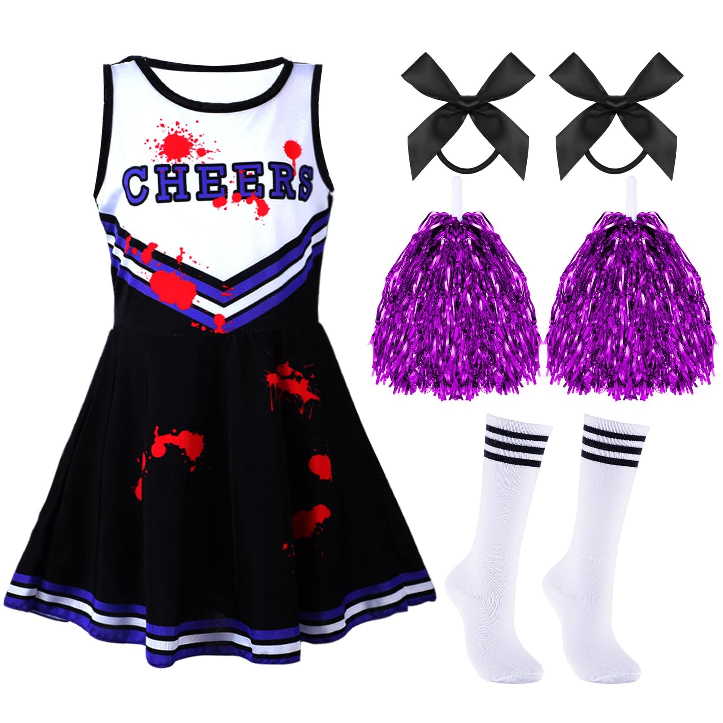 Didaey 6 Pcs Girl Zombie Costume Kids Halloween Cheerleader Costume Scary Halloween Party Cosplay (Black, Purple,M)