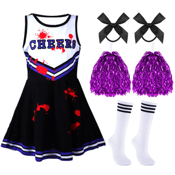 Didaey 6 Pcs Girl Zombie Costume Kids Halloween Cheerleader Costume Scary Halloween Party Cosplay (Black, Purple,S)