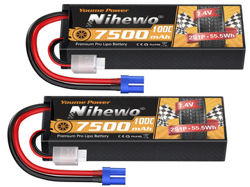 Nihewo 2Packs 2S Lipo Battery Pack, 7.4V 7500mAh RC Battery 100C Hard Case Lipos EC5 Connector Compatible with Arrma Axial 1/8 1