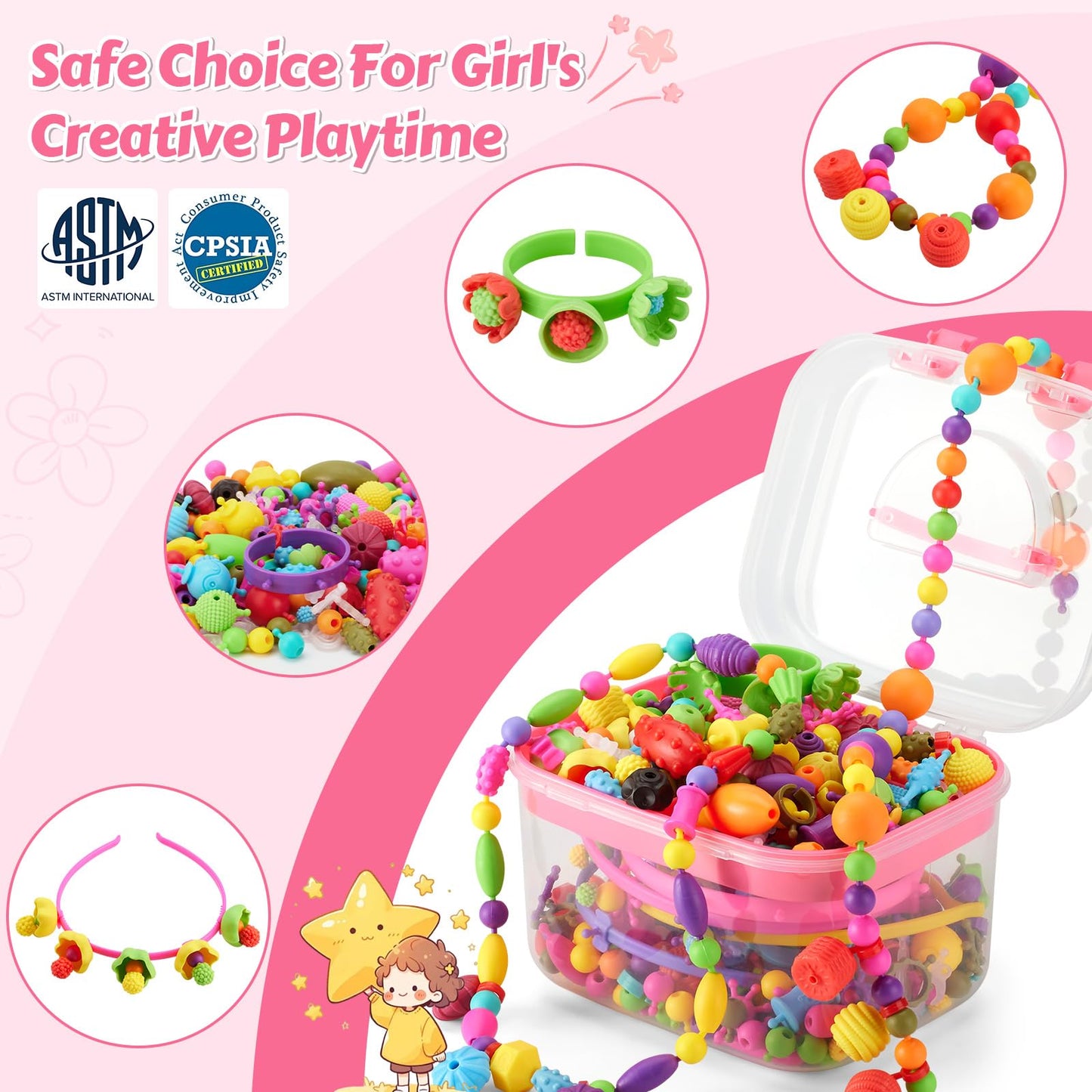 Arthopt Pop Beads, Jewelry Making Kit for 3 4 5 6 7 8 Years Old Girls, Arts and Crafts for Kids,Large Snap Beads DIY Necklace Br