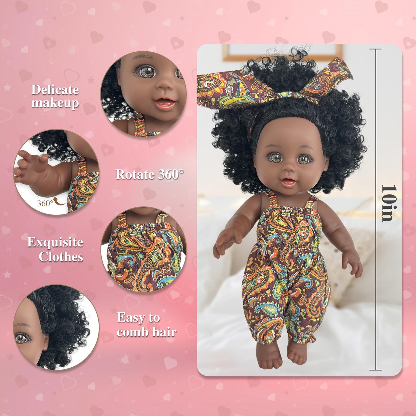 Nice2You Black Baby Doll, 10 Inch American African Black Girl Doll With Dress, Realistic Reborn Baby Doll For Kids Aged 2 3 4 5 6, Silicone Small Black Doll Toy With Curly Hair For Birthday