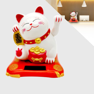 KOXXUD Lucky Cat Waving Arm Set, Vivid and Lovely Chinese Cat, Solar Fortune Cat Statue Decorations for Decorating Front Desk, C