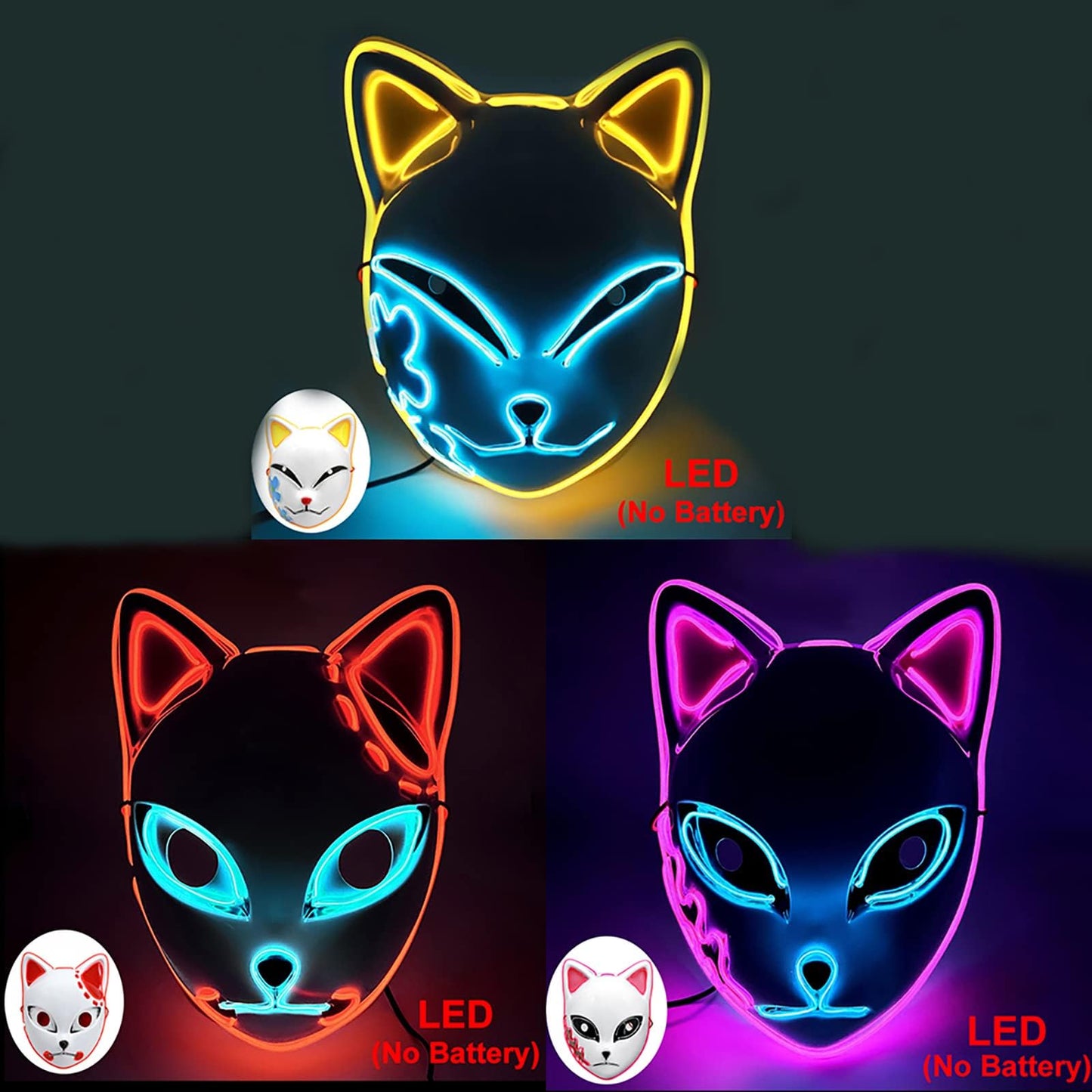 Varuotu Demon Slayers Mask LED 3Pcs Japanese Fox Mask Anime Merch Glowing Masks Halloween Costume Cosplay Masquerade Props (3Pcs
