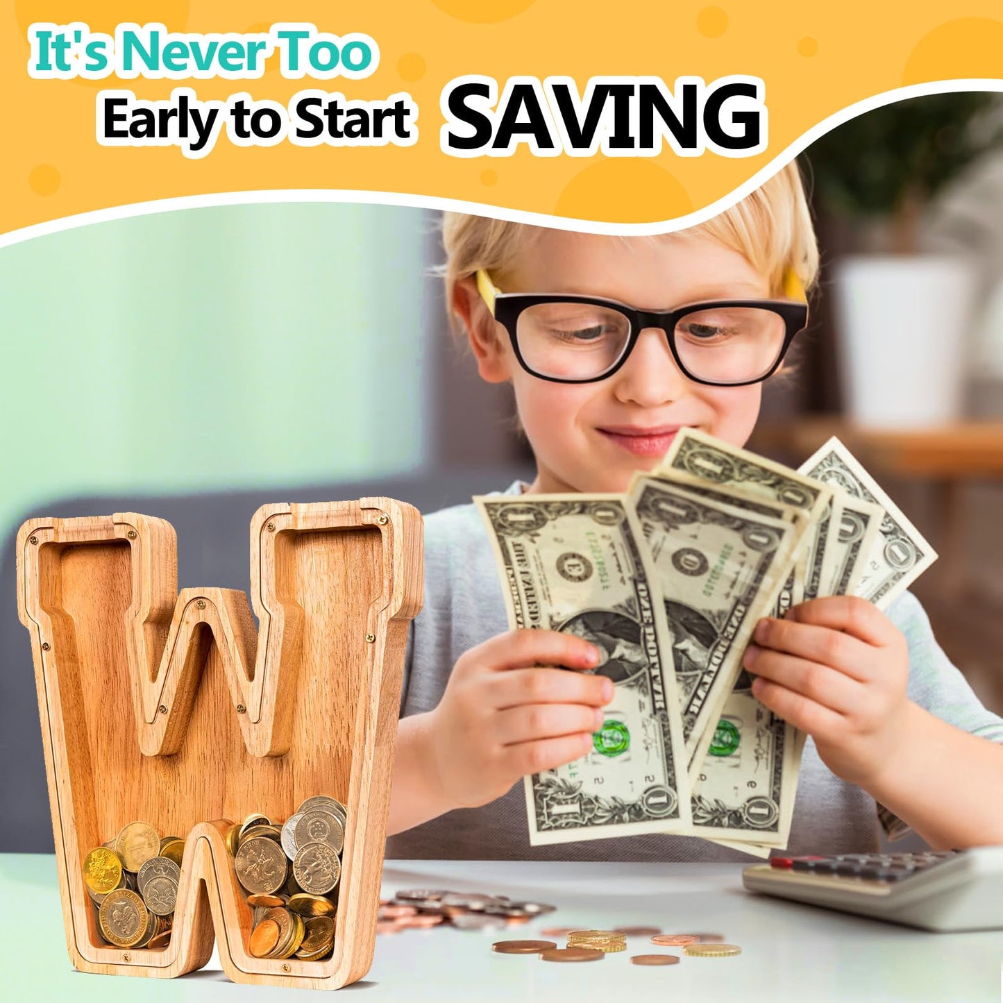 SummiDate Wooden Letter Piggy Bank| Piggy Bank for Boys Girls Toddler| Alphabet W Money Bank| Coin Bank Birthday Gift for Kids|Birthday Gift for Kids (W)