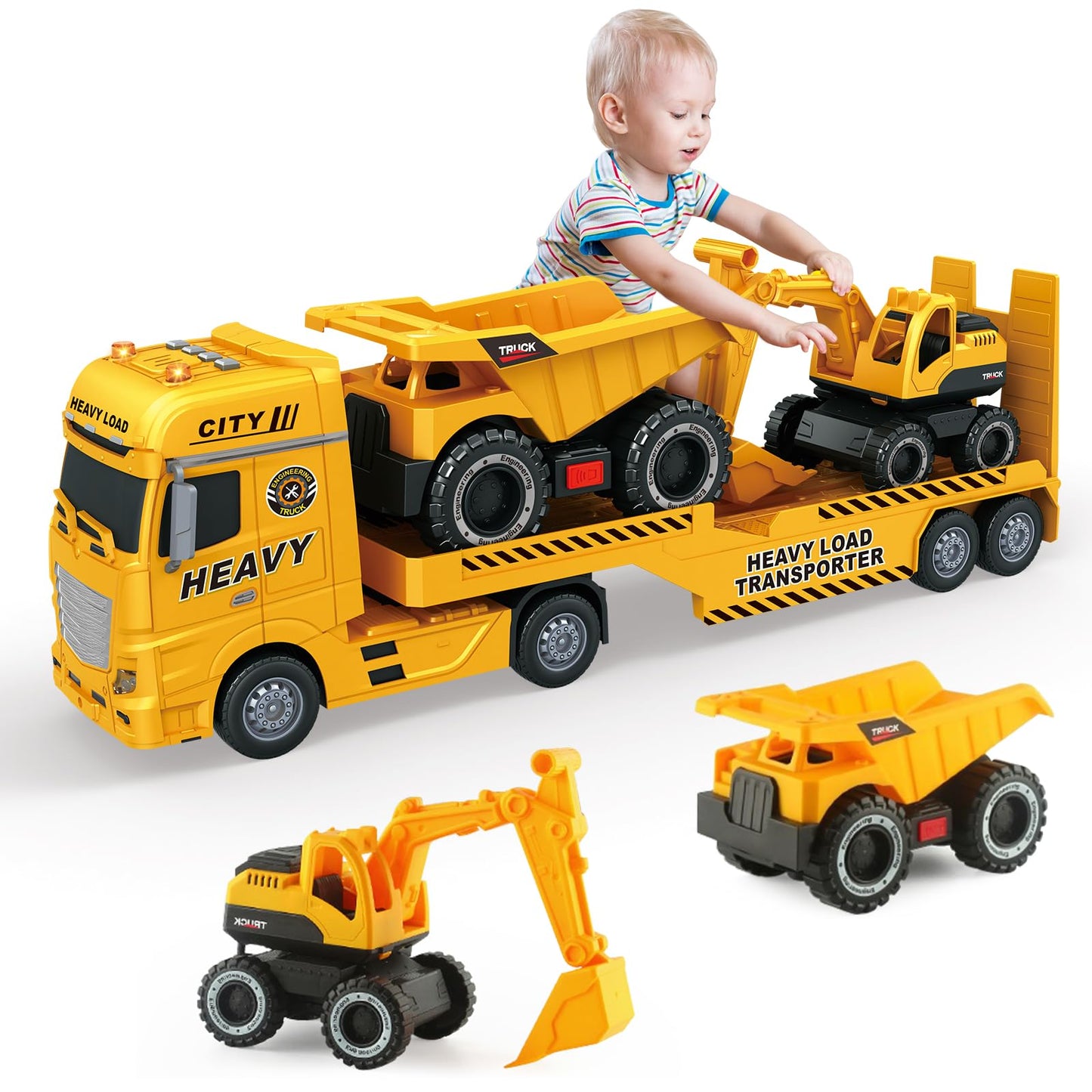 Yiwsnust Large Flatbed Semi Truck, 25.6 Large Army Truck Toy with Helicopter and Tank, Friction Powered Military Transport Truck
