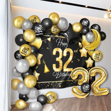 Happy 32Nd Birthday Balloons Gold Set Decor - Cheers To 32 Years Old Party Theme Garland Star Moon Banner Backdrop Decorations F