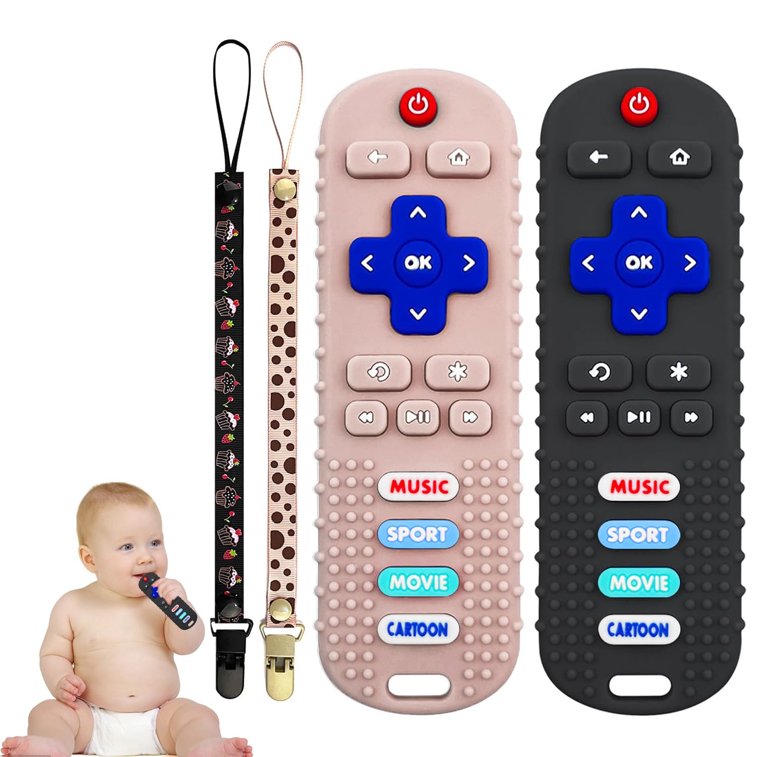 2Pack Teething Toys for Babies, Remote Control Shape Silicone Teether Toys,Baby Teethers for Toddlers Boys Girls (Black + Coral 