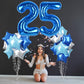 Royal Dark Blue Large Numbers Balloons 25, 40 Inch Self Inflating Light Baby Teal Blue Helium 25 Balloon Decor, Silver Star Foil