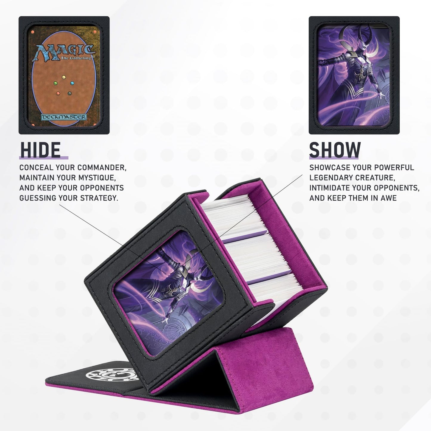 Infinity Guard MTG Deck Box with Commander Display for 120+ Single Sleeved Cards  Denim Magnetic Card Storage Box Fits for TCG CCG Magic Cards (Black&Purple)