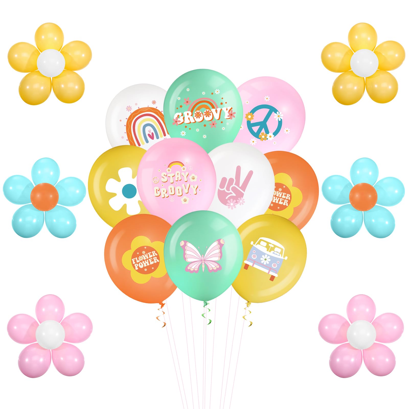 Hiboom 72 Pcs Groovy Retro Hippie Balloons Boho Daisy Party Balloons 12 Inch Rainbow Daisy Flower Butterfly Peace Sign Latex Bal