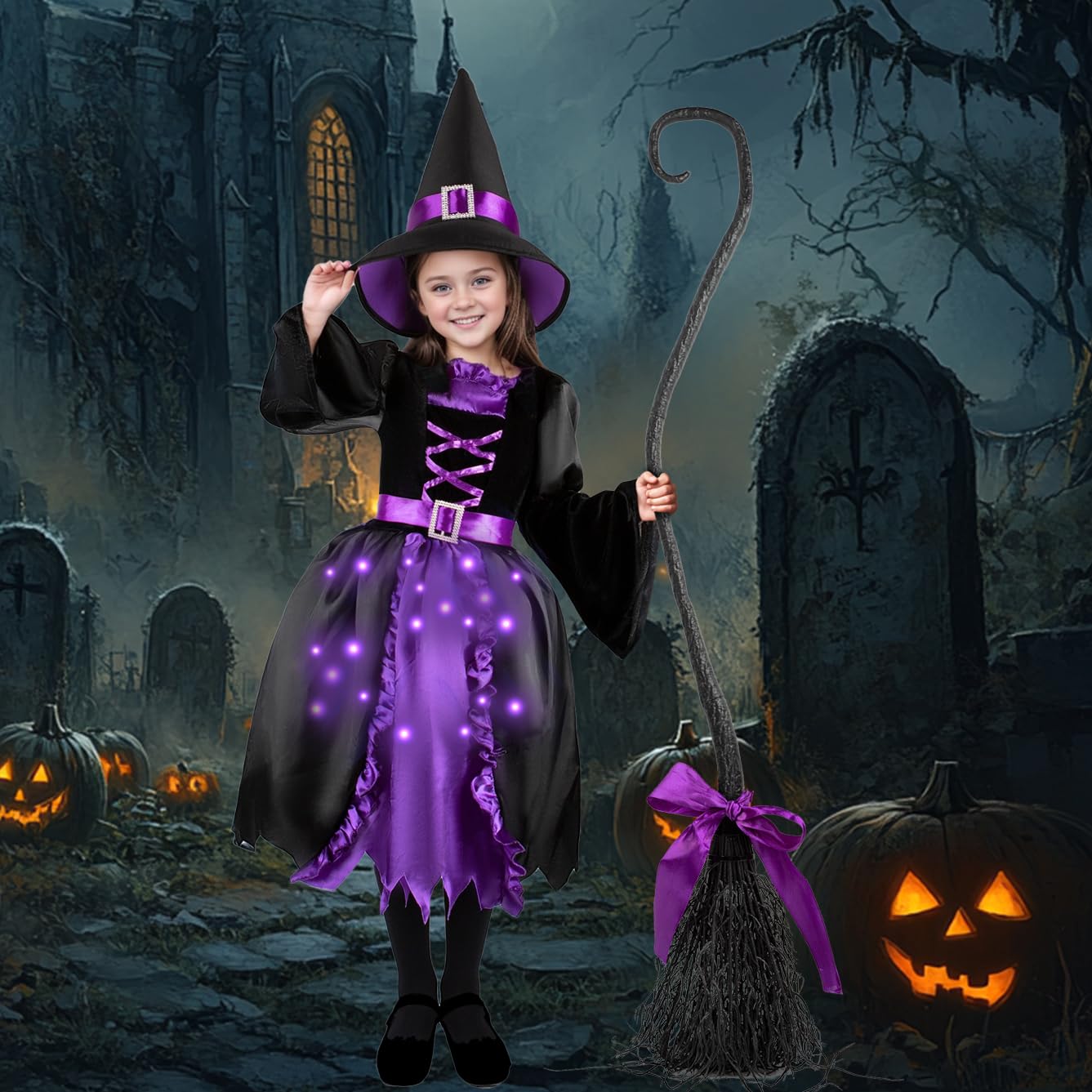 Kiddokids Witch Costume Set With Wand And Hat For Girls, Led Light Up Halloween Dress Up For 3-12 Year Olds, Parties And Role Pl