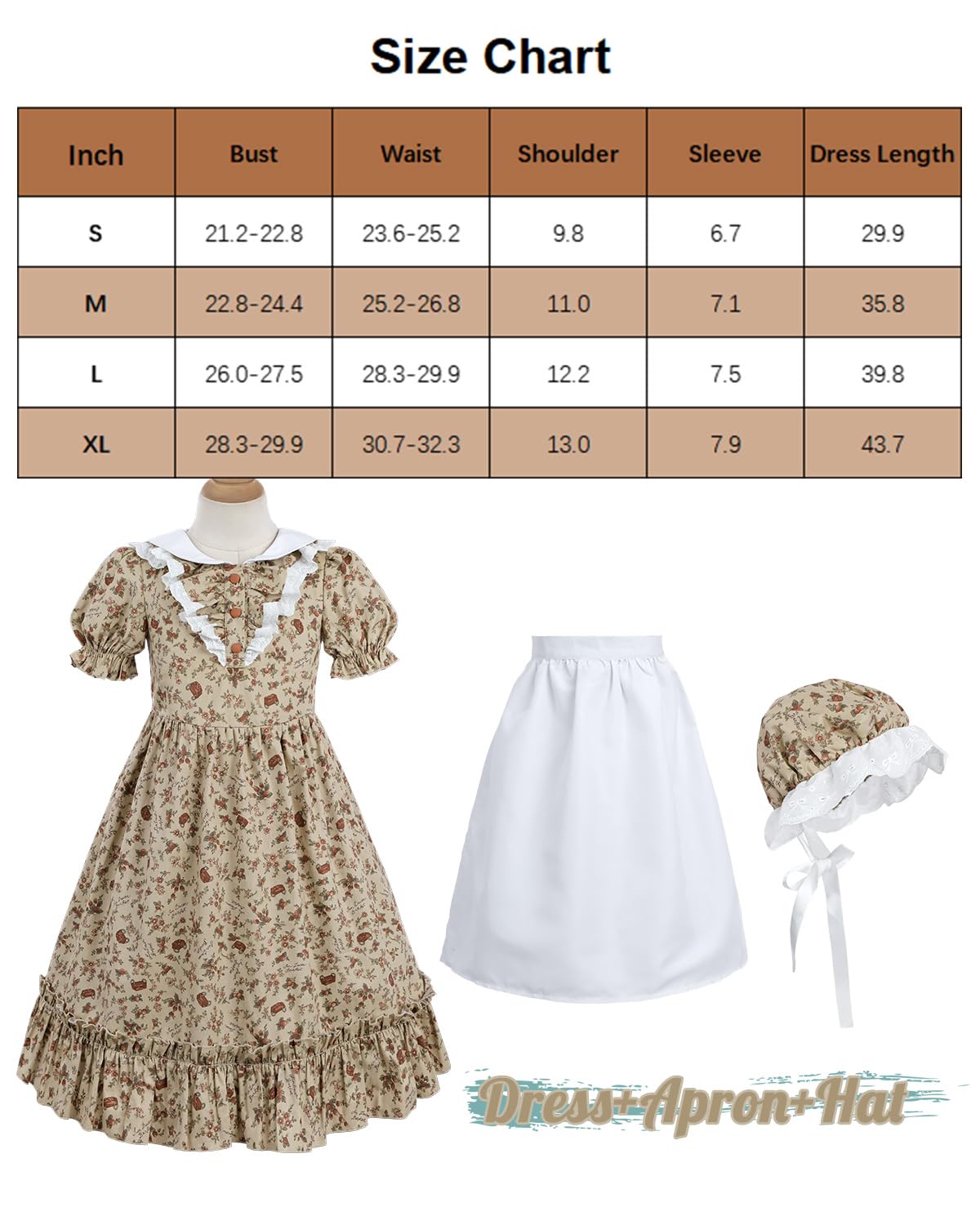 Fccam Colonial Costume Girls With Mob Cap Floral Pioneer Prairie Dress 1800S American Costume Brown Xl Age Over 4 Years Old