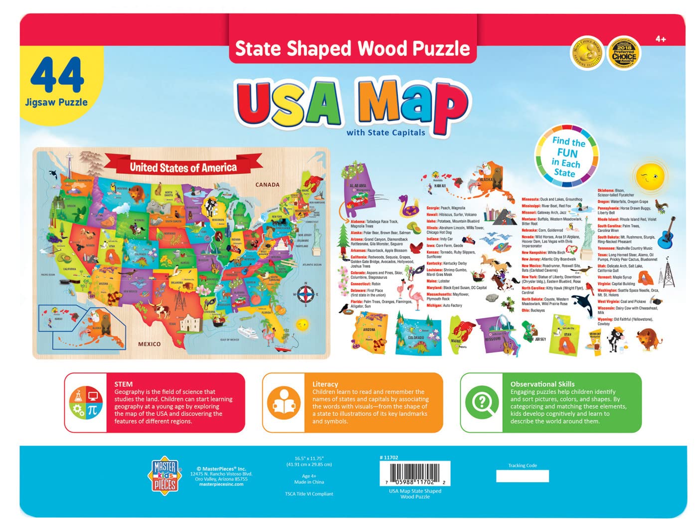 MasterPieces 44 Piece Jigsaw Puzzle for Kids - USA Map Wood Puzzle - 16.5x11.8