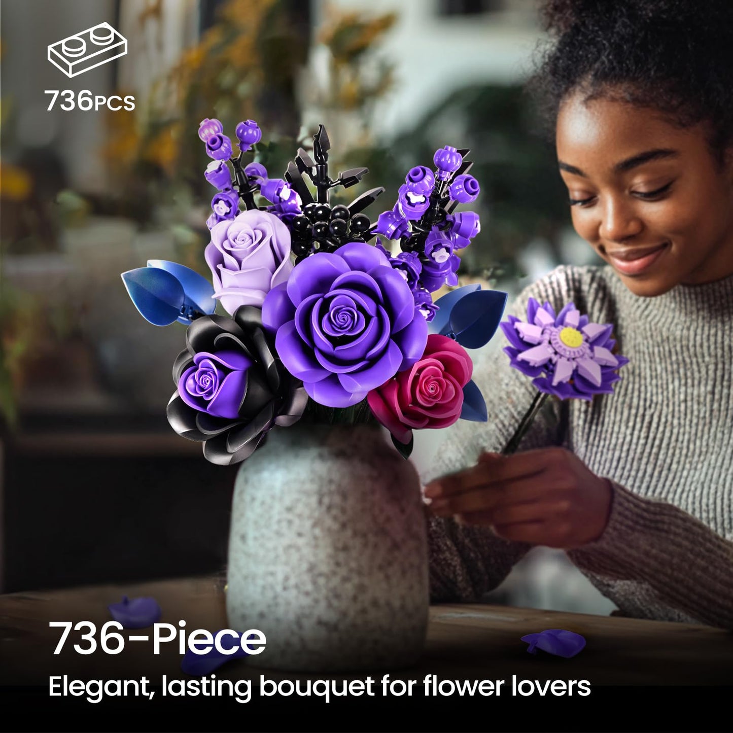 iATOM Purple Roses Bouquet Building Set - Artificial Flowers Kit, Middle Size, Plastic, Model IA11004 - Perfect Gift for Mother's Day & Valentine's