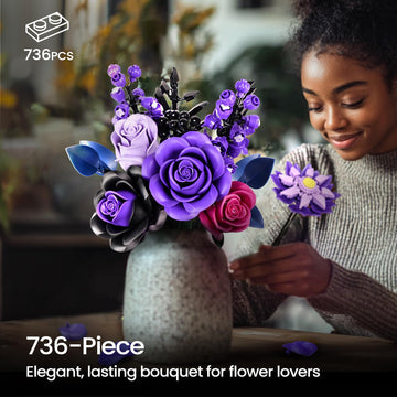 Purple Flower Bouquet Building Set, Rose Botanical Collection Blocks Kit Compatible With Lego For Adults Women, Artificial Flowe